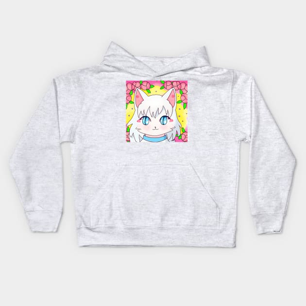 Anime White Cat With Flowers Kids Hoodie by withdiamonds